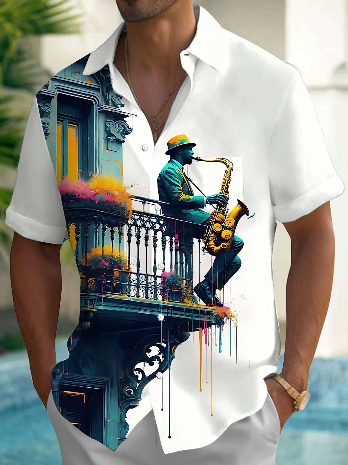Oceanlyte Men's Graphic Saxophone Musician Print Short Sleeve Shirt with Chest Pocket