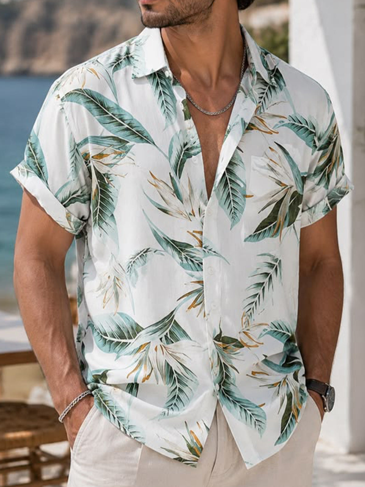 Oceanlyte Men's Hawaiian Tropical Leaf Print Short Sleeve Shirt with Chest Pocket