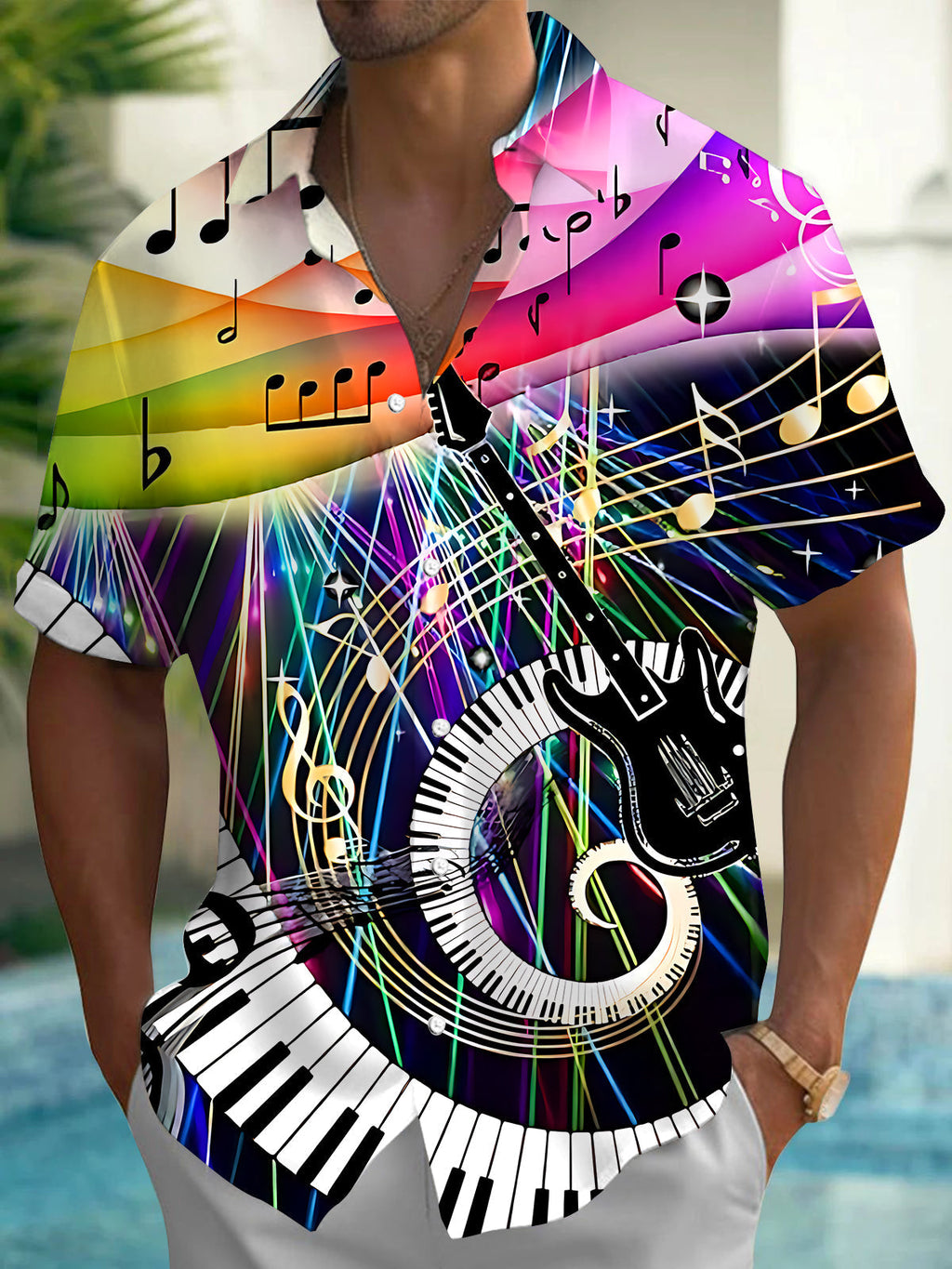 Oceanlyte Men's Hawaiian Music Notes Print Short Sleeve Shirt with Chest Pocket