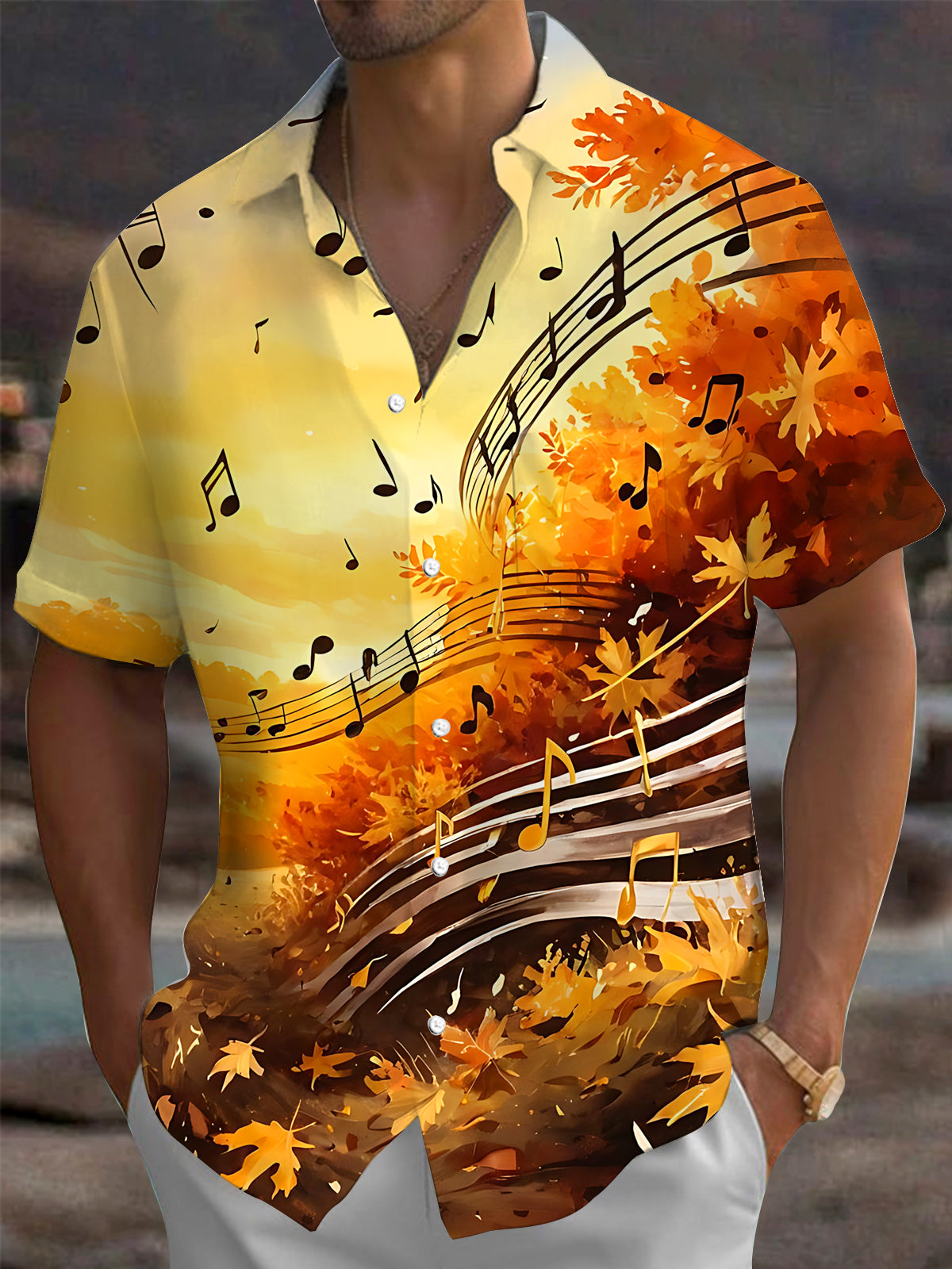 Oceanlyte Men's Graphic Autumn Maple Leaves Print Short Sleeve Shirt with Chest Pocket