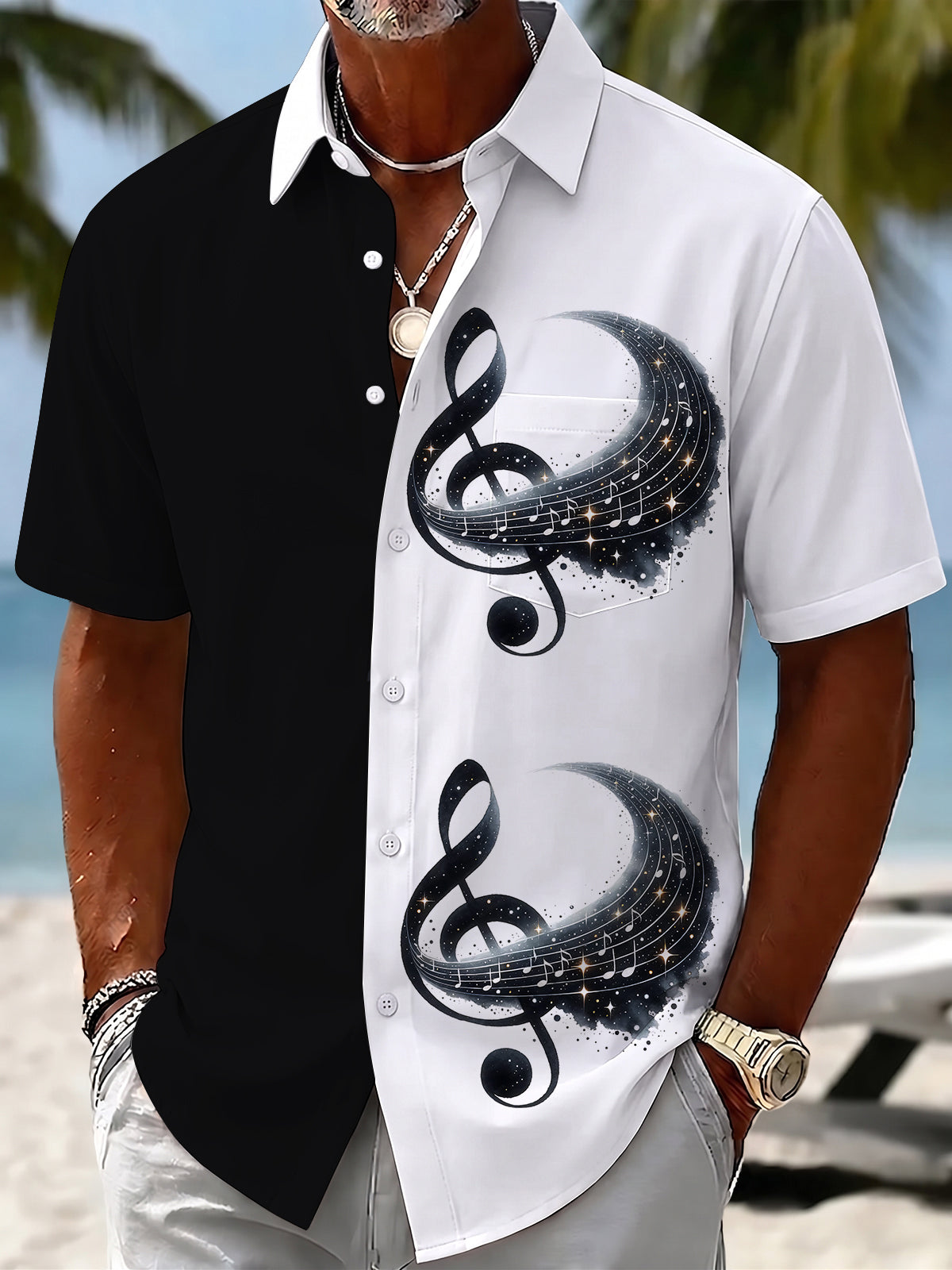 Oceanlyte Men's Graphic Musical Notes Print Treble Clef Print Short Sleeve Shirt with Chest Pocket