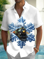 Oceanlyte Men's Graphic Snowflake Print Vintage Train Print Short Sleeve Shirt with Chest Pocket