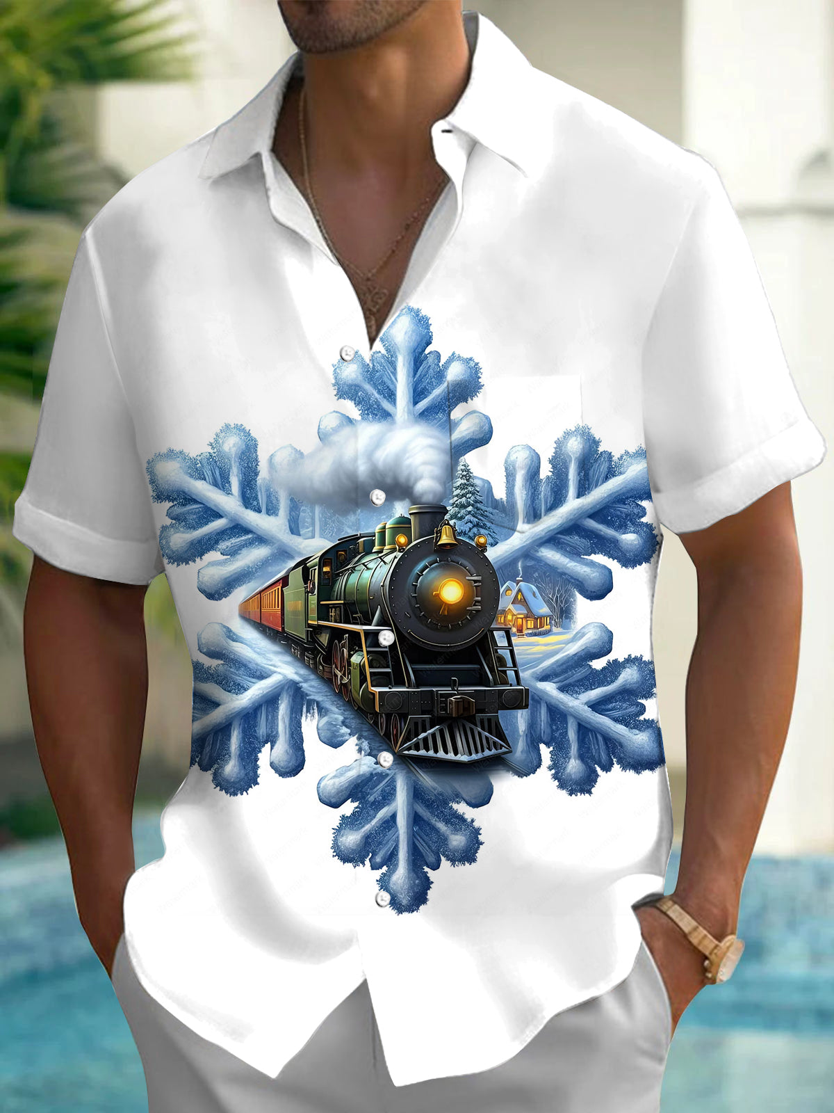 Oceanlyte Men's Graphic Snowflake Print Vintage Train Print Short Sleeve Shirt with Chest Pocket