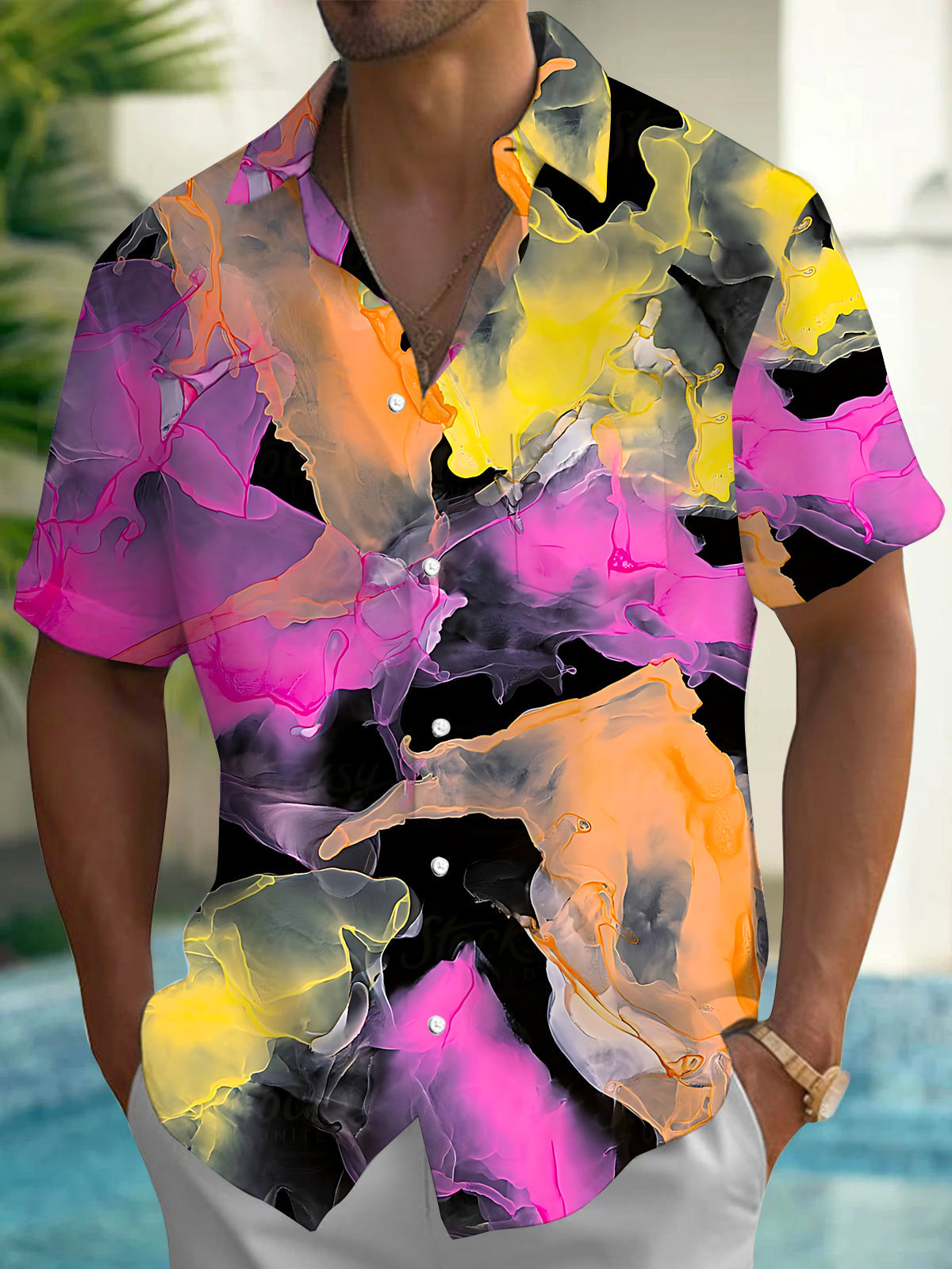 Oceanlyte Men's Printed Abstract Colorful Swirls Print Short Sleeve Shirt with Chest Pocket