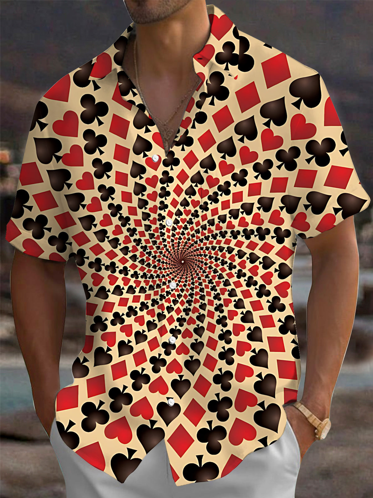 Oceanlyte Men's Printed Spiral Poker Print Card Suits Pattern Short Sleeve Shirt with Chest Pocket