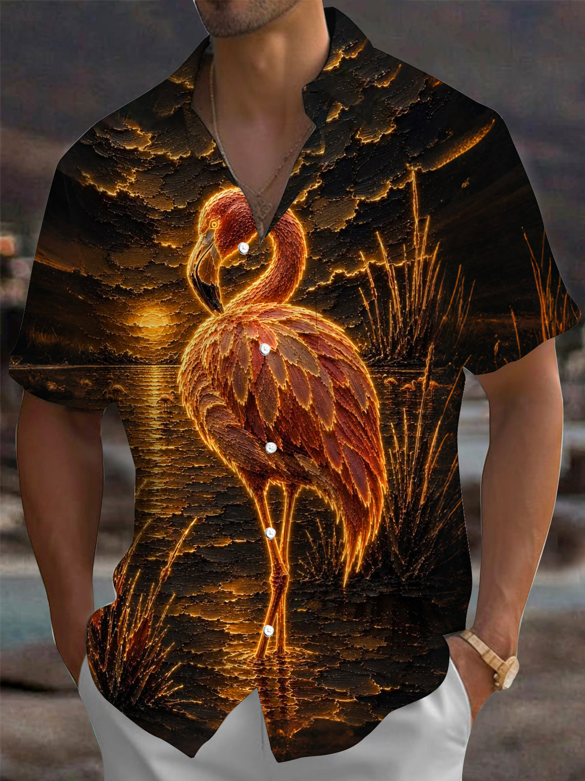 Oceanlyte Men's Hawaiian Flamingo Sunset Print Short Sleeve Shirt with Chest Pocket