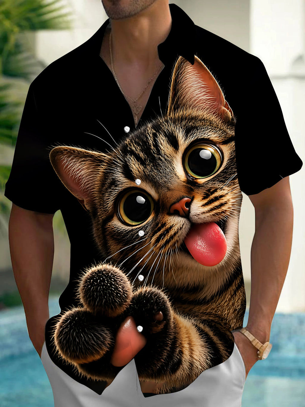 Oceanlyte Men's Graphic 3D Cat Print Tabby Cat Face Print Short Sleeve Shirt with Chest Pocket