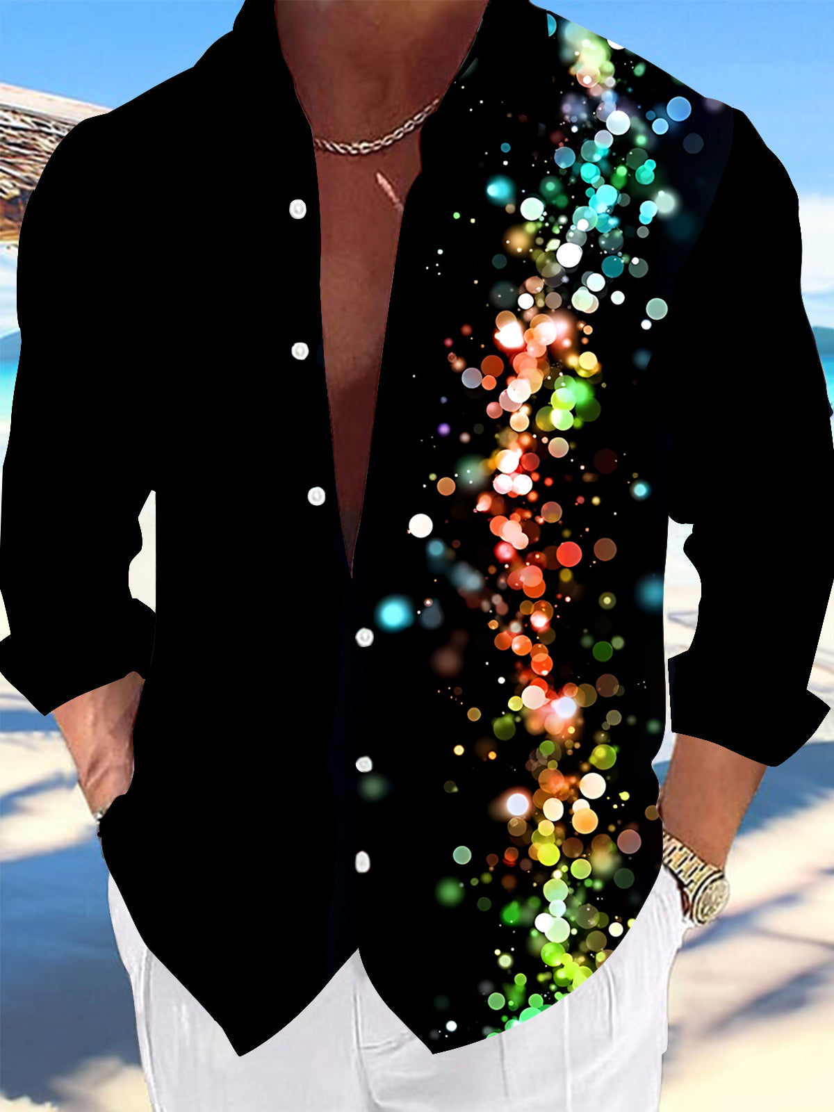 Oceanlyte Men's Printed Colorful Bokeh Light Spots Print Long Sleeve Shirt with Chest Pocket