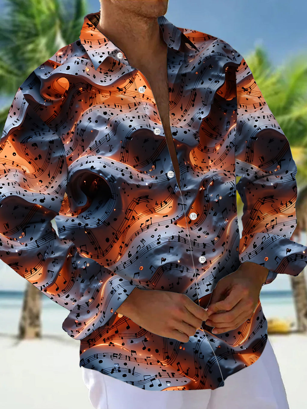 Oceanlyte Men's Graphic Musical Notes Print Long Sleeve Shirt with Chest Pocket