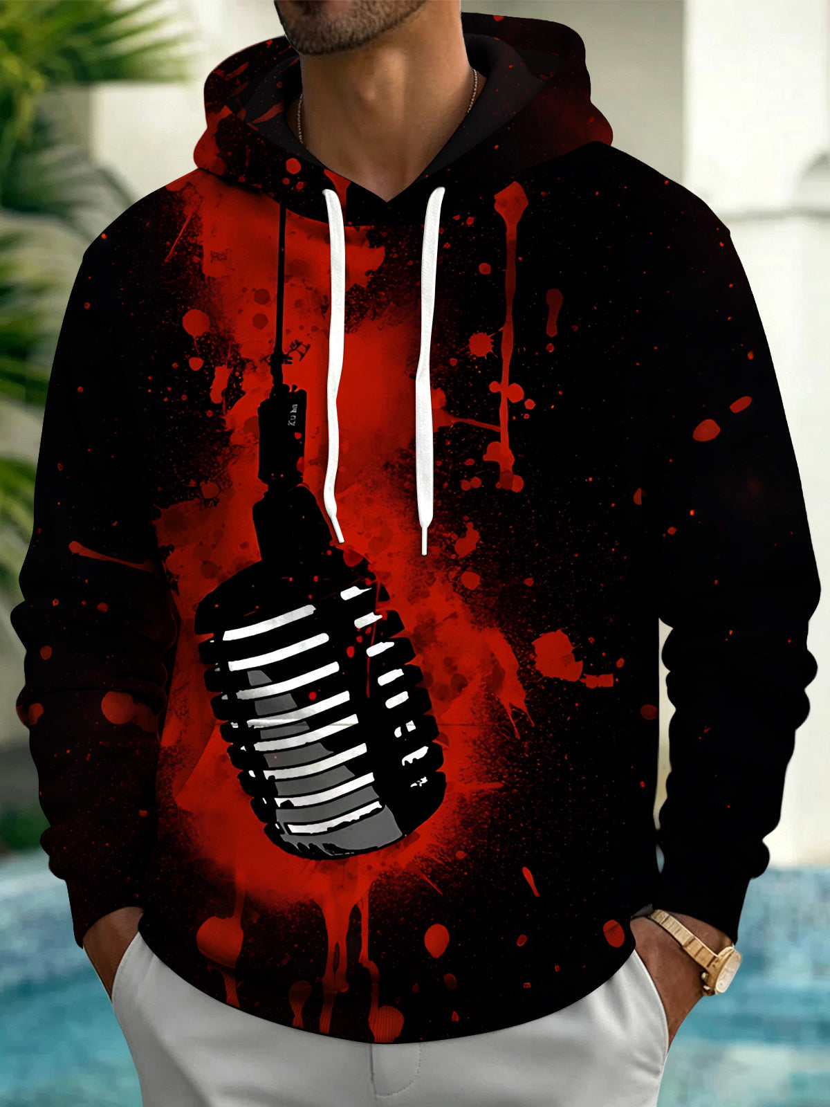 Oceanlyte Men's Graphic Red Splatter Background Print Long Sleeve Hoodie with Chest Pocket