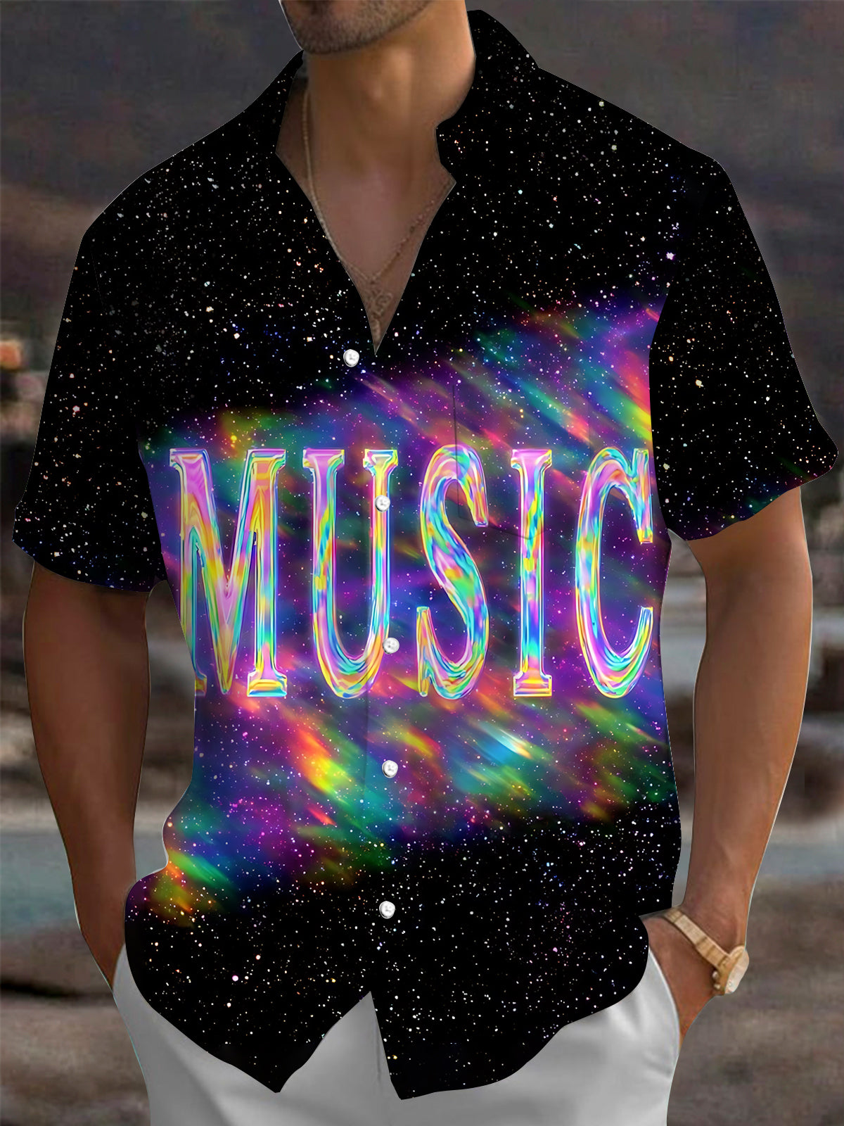 Oceanlyte Men's Graphic Space Print Short Sleeve Shirt with Chest Pocket