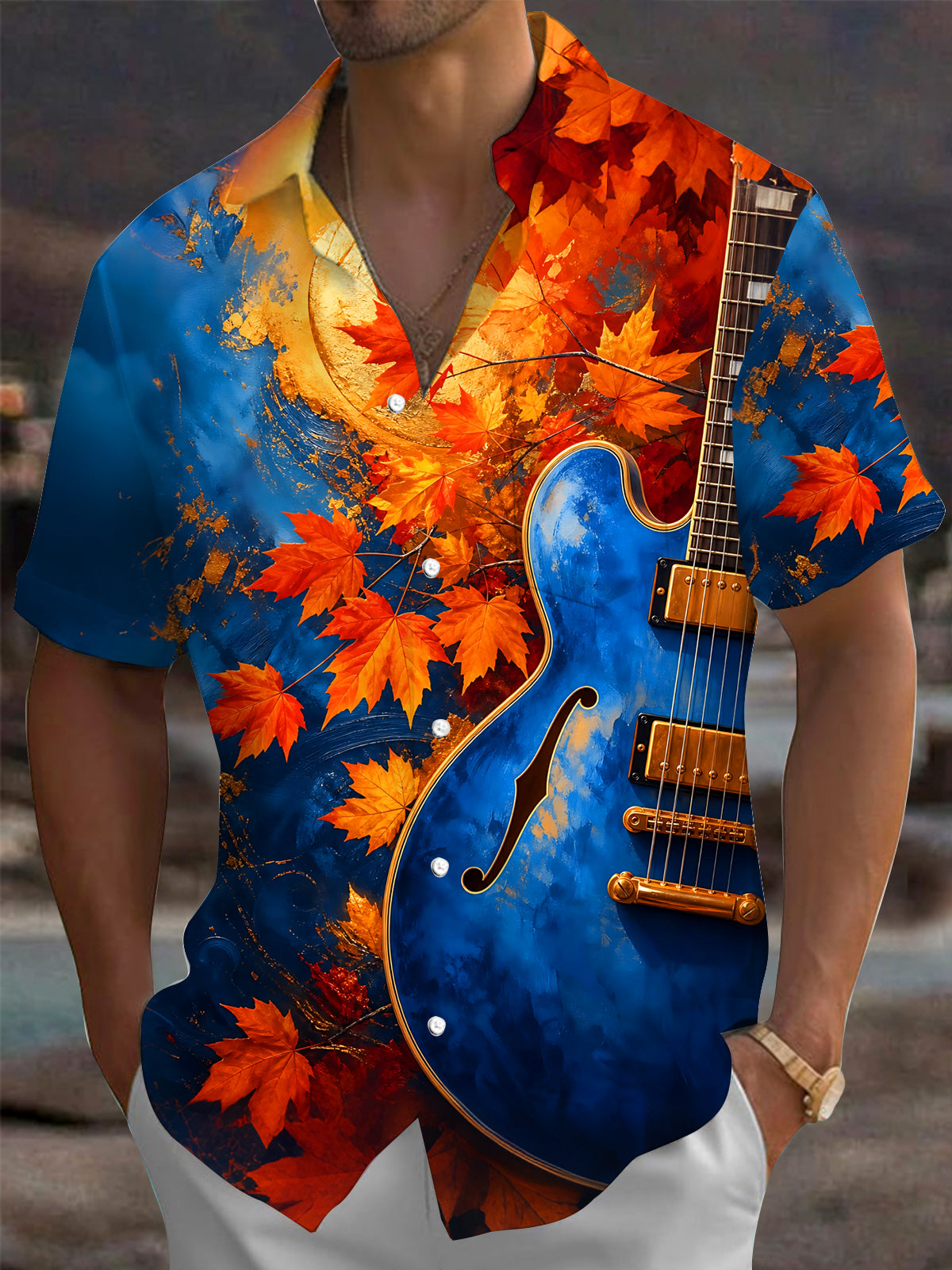 Oceanlyte Men's Graphic Autumn Maple Leaves Print Short Sleeve Shirt with Chest Pocket