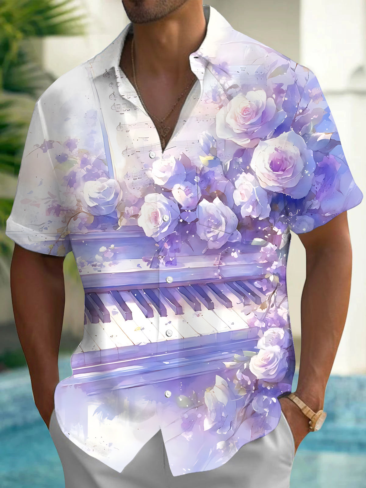Oceanlyte Men's Printed Watercolor Roses Print Short Sleeve Shirt with Chest Pocket