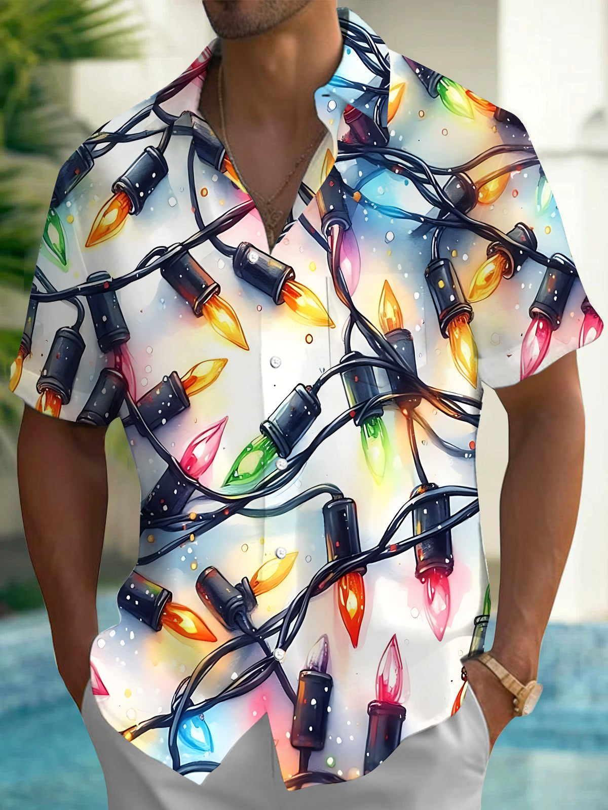 Oceanlyte Men's Hawaiian Christmas Lights Print Short Sleeve Shirt with Chest Pocket