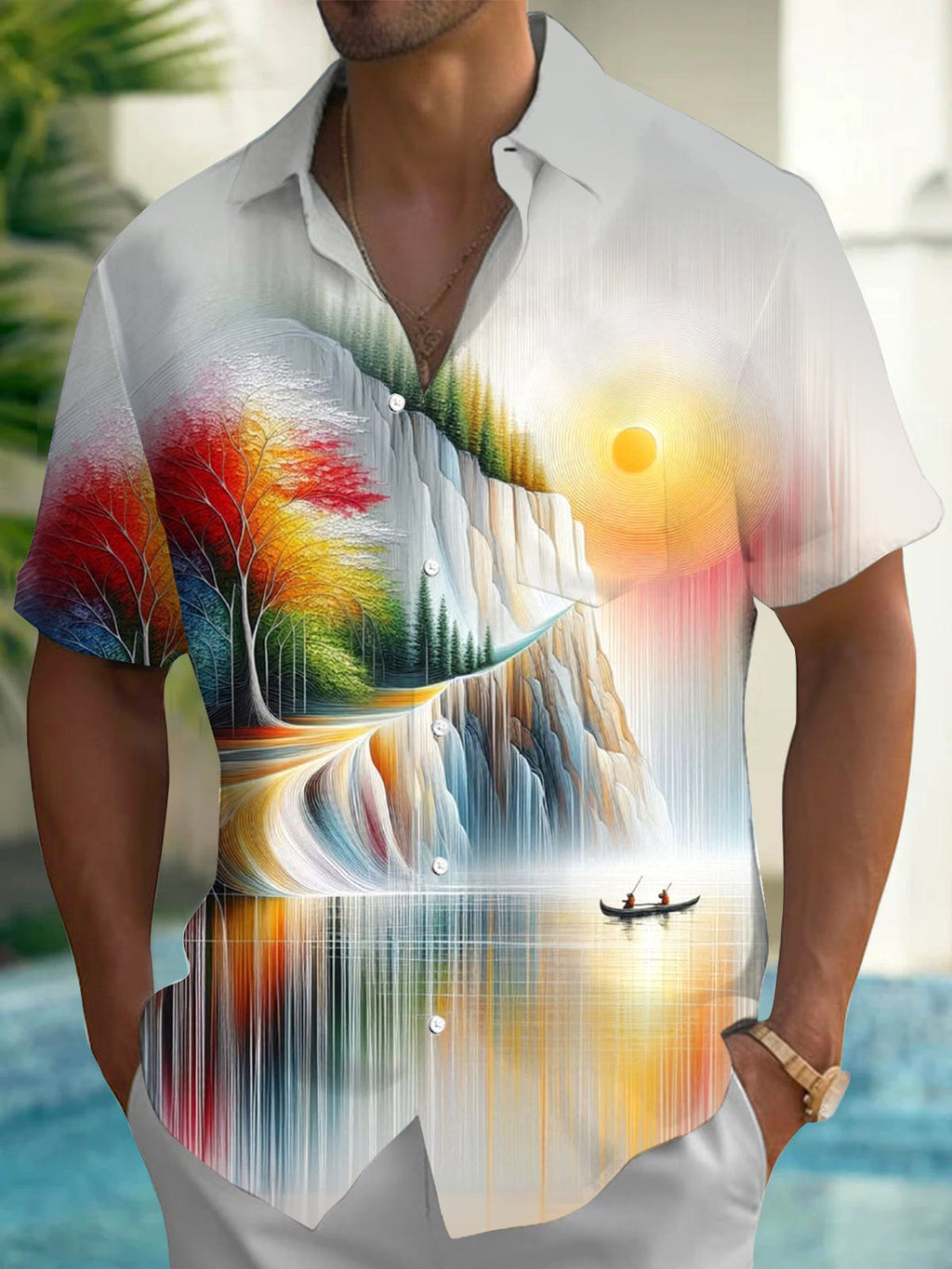 Oceanlyte Men's Printed Abstract Landscape Print Short Sleeve Shirt with Chest Pocket