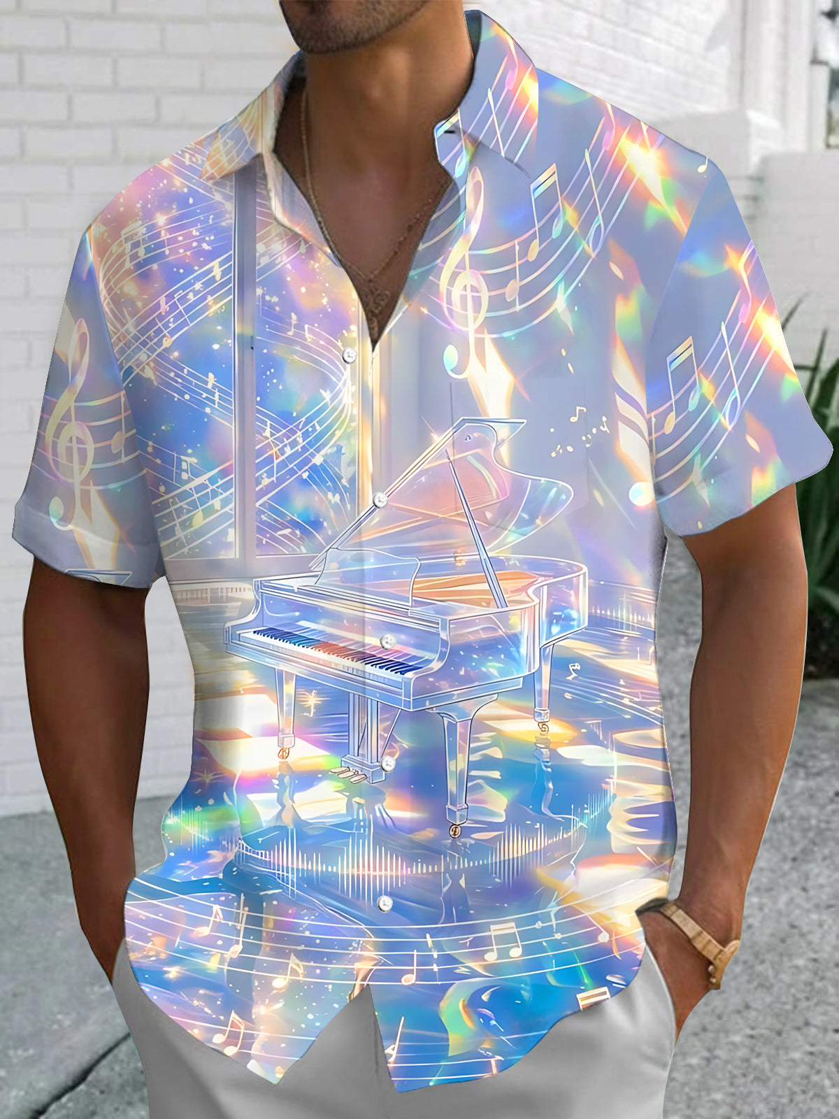 Oceanlyte Men's Graphic Piano Print Musical Notes Print Short Sleeve Shirt with Chest Pocket