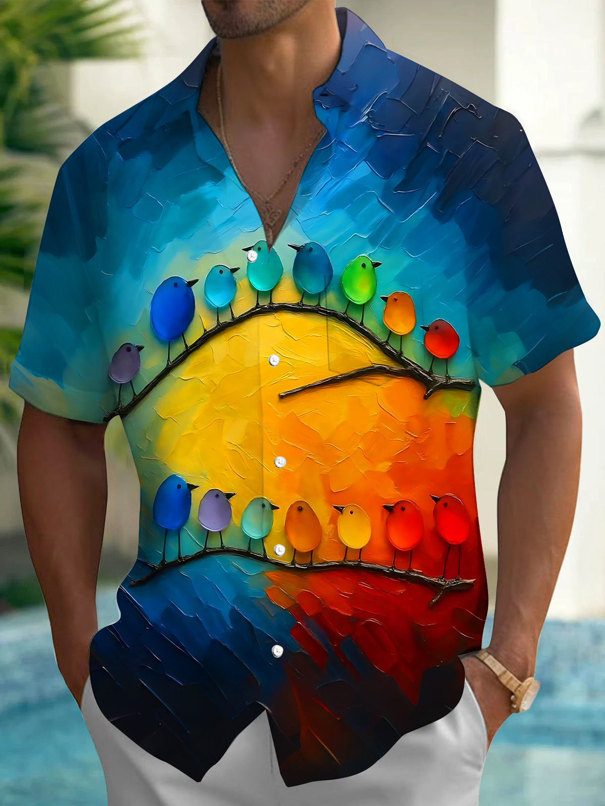 Oceanlyte Men's Printed Colorful Birds On Branch Print Short Sleeve Shirt with Chest Pocket