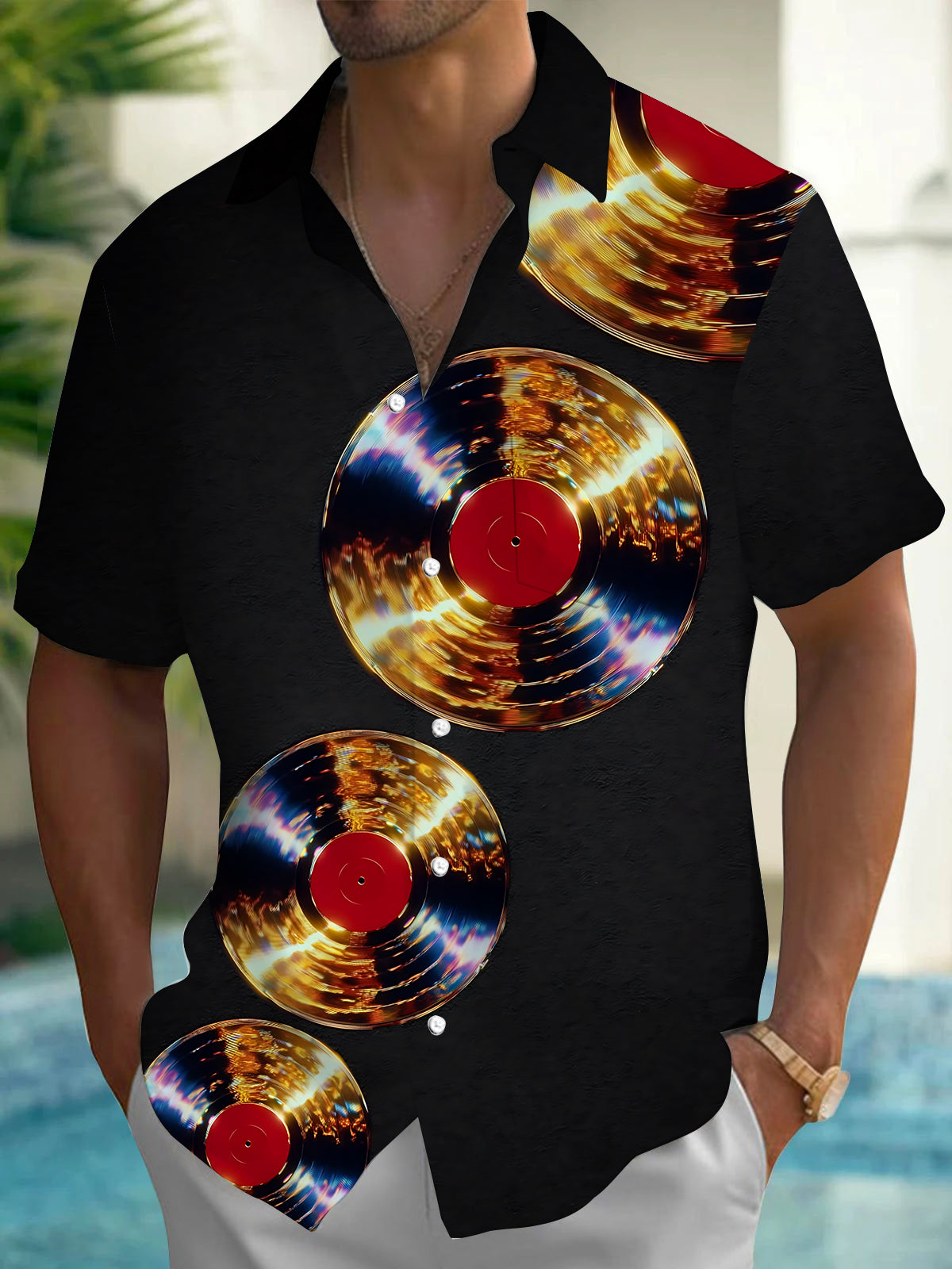 Oceanlyte Men's Vintage Style Vinyl Records Print Short Sleeve Shirt with Chest Pocket