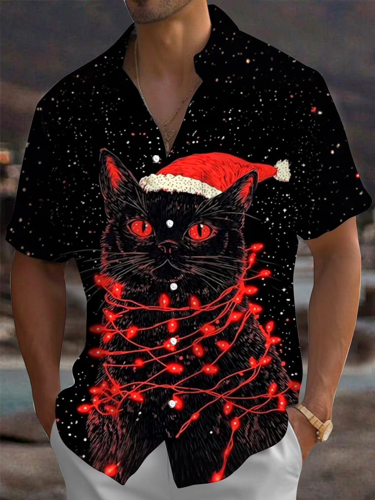 Oceanlyte Men's Graphic Black Cat With Santa Hat Print Short Sleeve Shirt with Chest Pocket