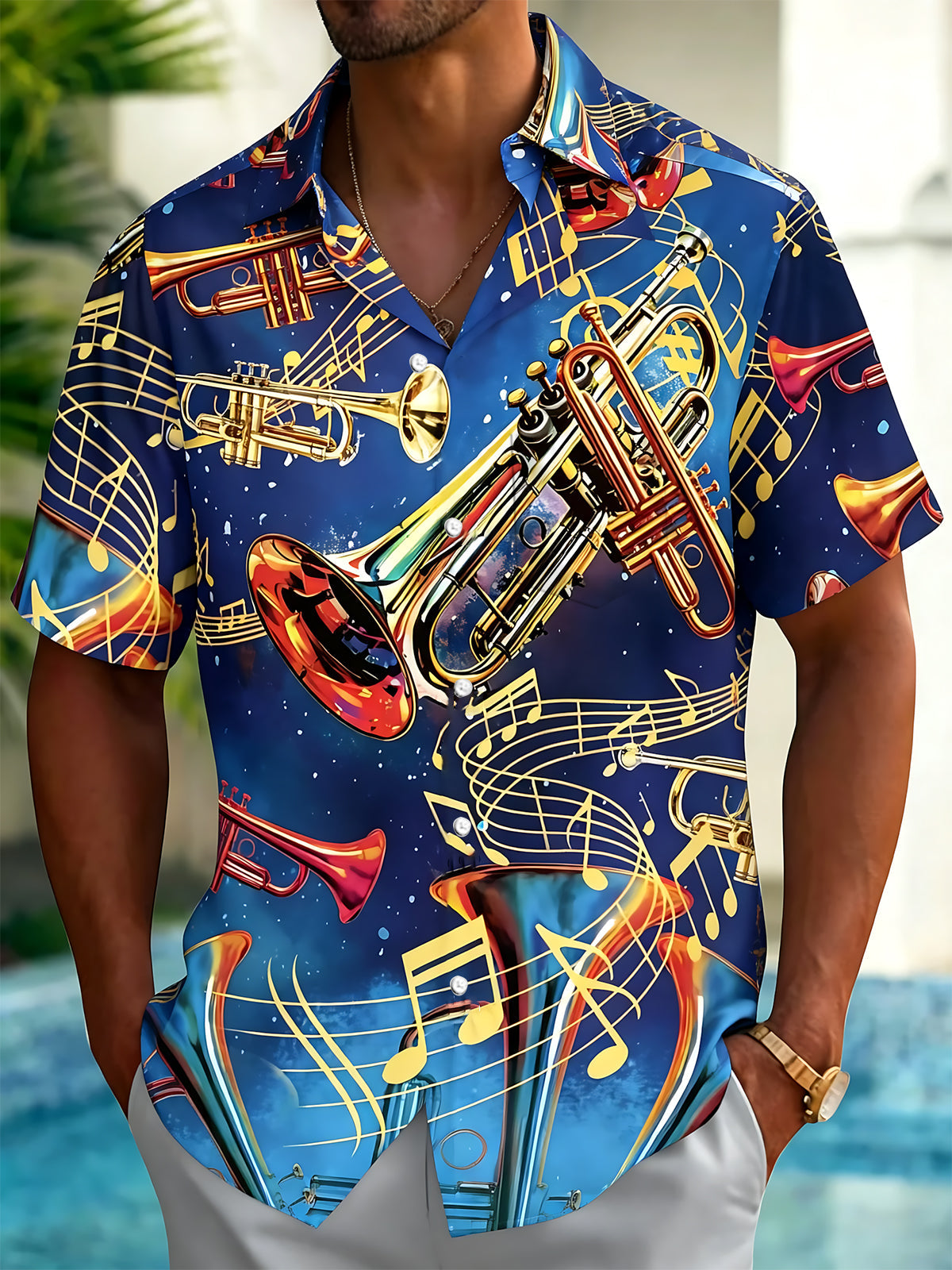 Oceanlyte Men's Hawaiian Trumpet Musical Notes Print Short Sleeve Shirt with Chest Pocket