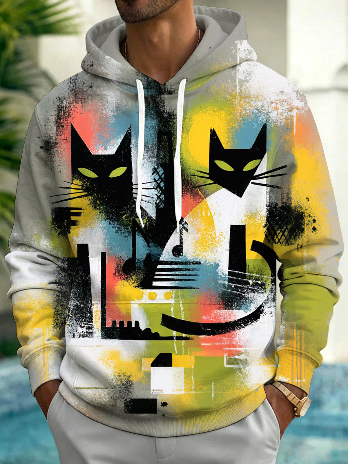 Oceanlyte Men's Printed Abstract Geometric Cats Print Long Sleeve Hoodie with Chest Pocket