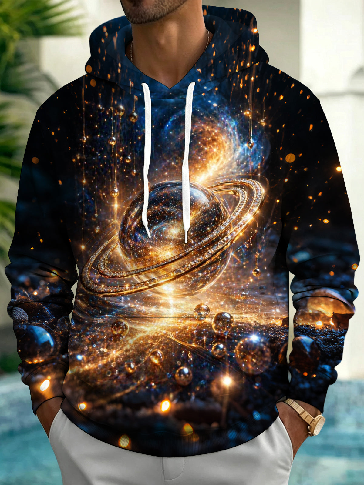 Oceanlyte Men's Graphic Space Planet Print Long Sleeve Hoodie with Chest Pocket