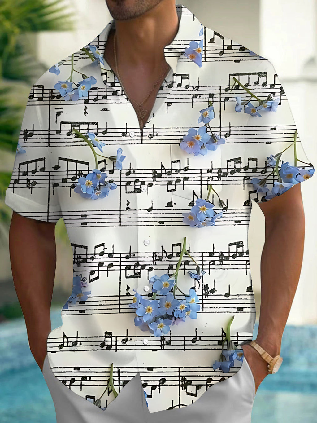 Oceanlyte Men's Hawaiian Musical Notes Sheet Music Print Short Sleeve Shirt with Chest Pocket