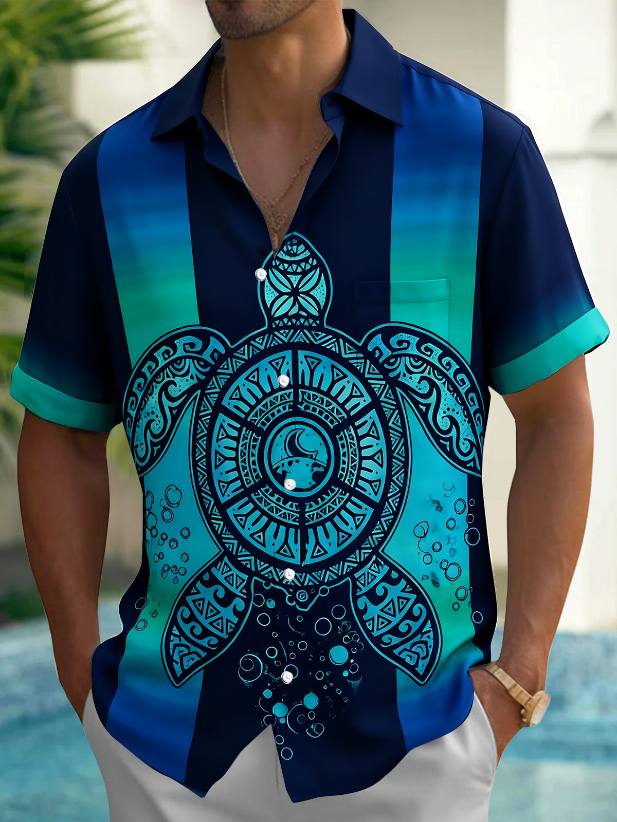 Oceanlyte Men's Hawaiian Tribal Turtle Design Print Short Sleeve Shirt with Chest Pocket