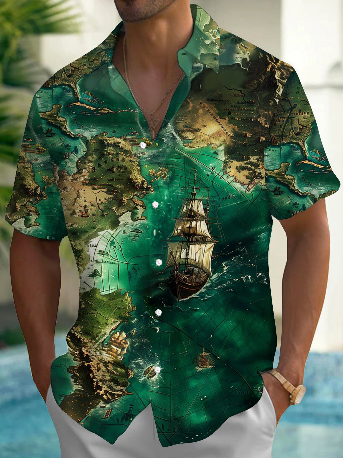 Oceanlyte Men's Vintage Style Vintage Map Print Short Sleeve Shirt with Chest Pocket