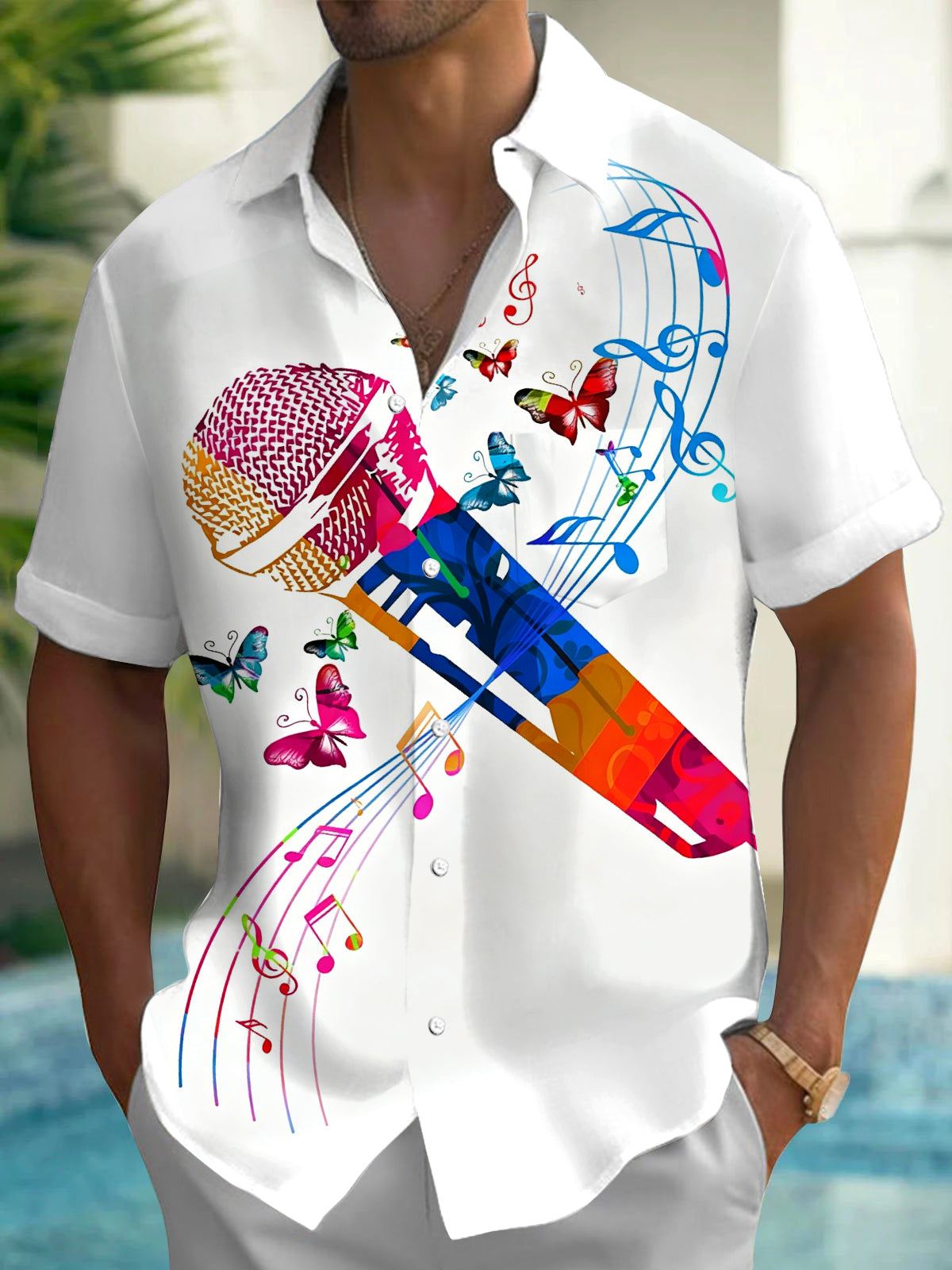 Oceanlyte Men's Graphic Colorful Microphone Print Short Sleeve Shirt with Chest Pocket