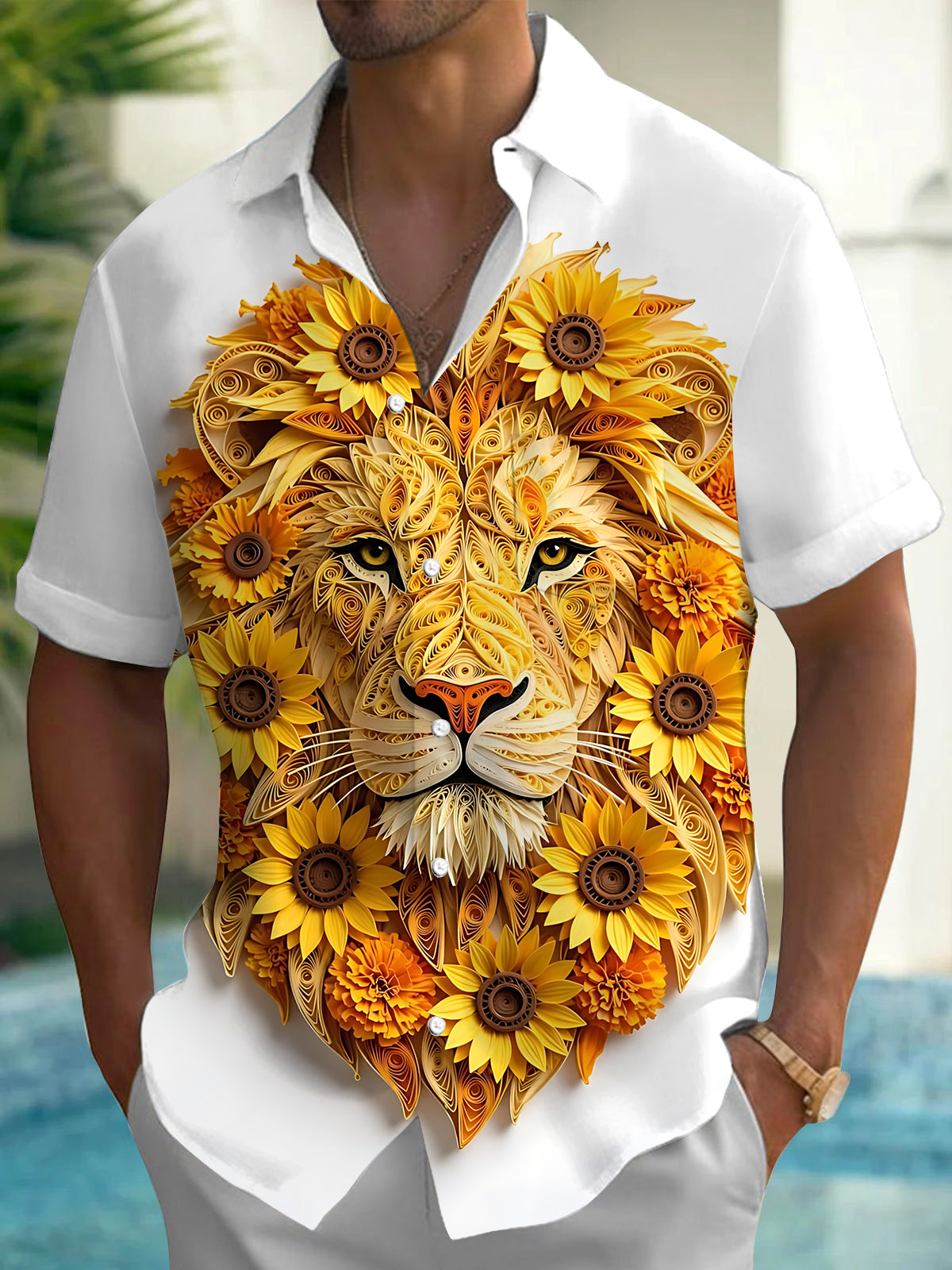 Oceanlyte Men's Printed Quilled Lion Face Print Short Sleeve Shirt with Chest Pocket