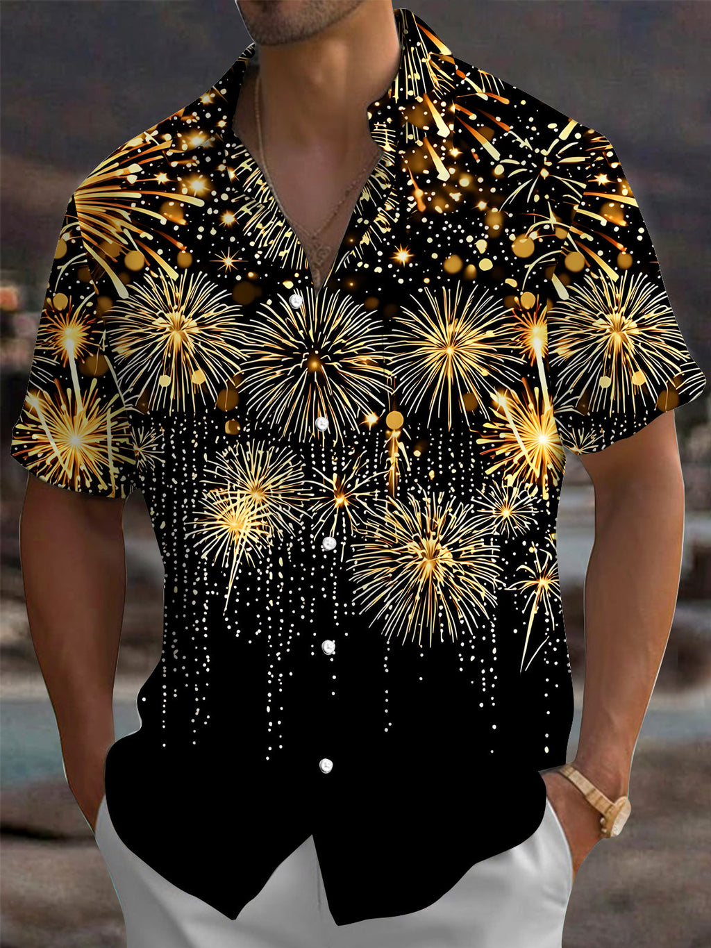Oceanlyte Men's Hawaiian Golden Fireworks Print Short Sleeve Shirt with Chest Pocket