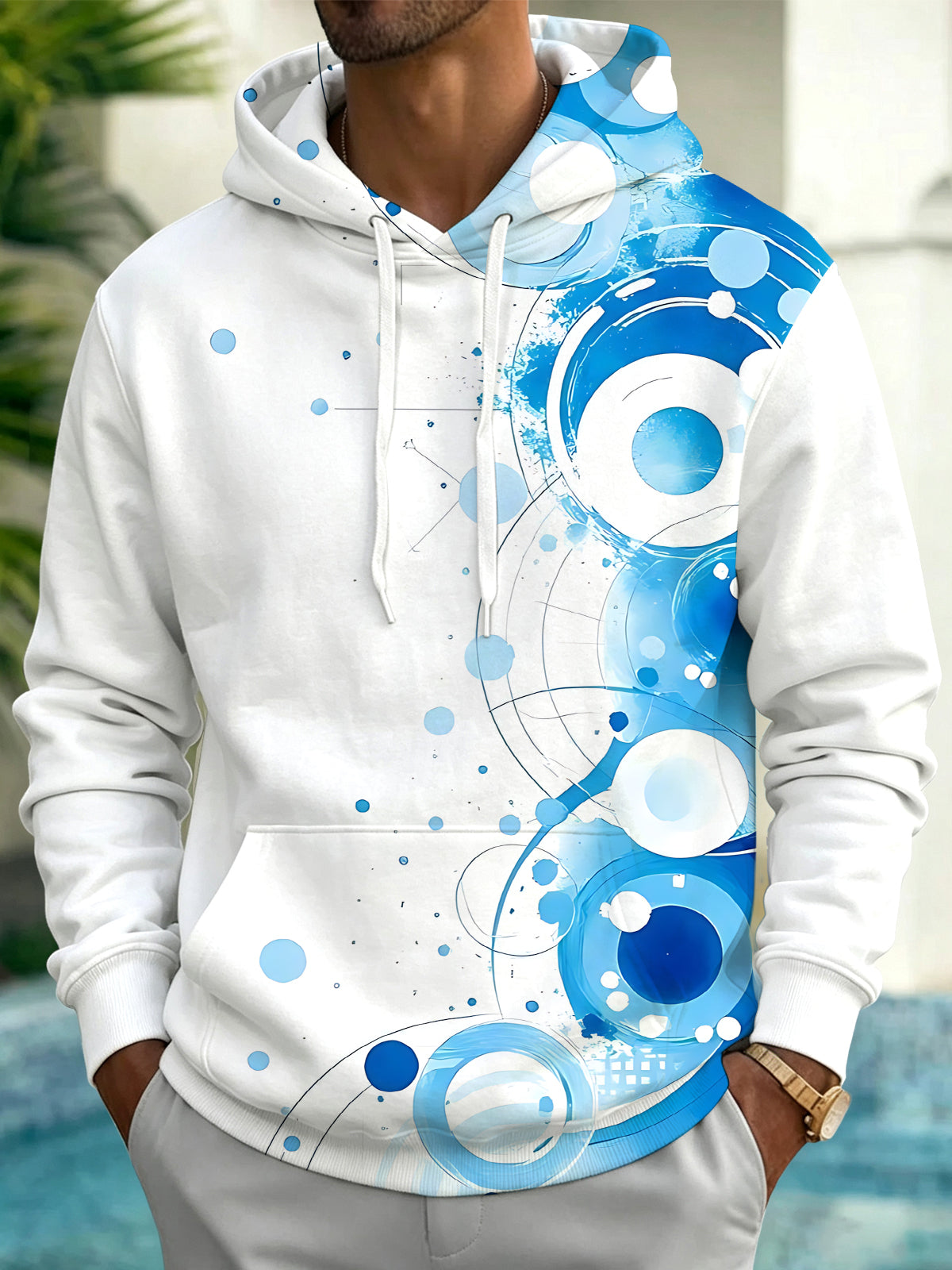 Oceanlyte Men's Printed Blue Abstract Circles Print Long Sleeve Hoodie with Chest Pocket