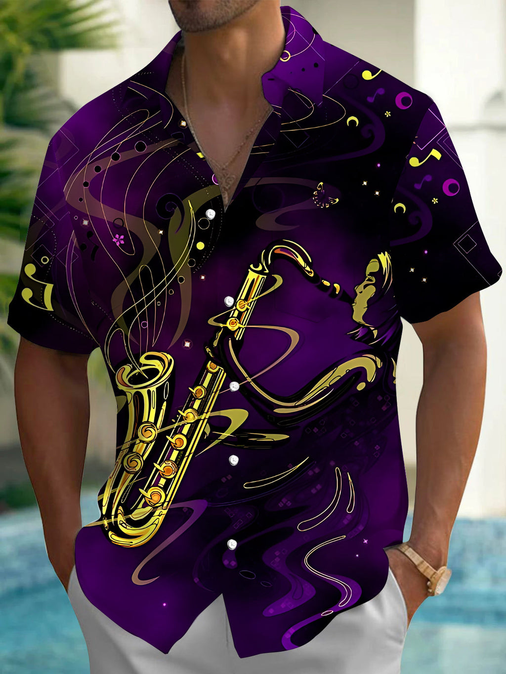 Oceanlyte Men's Graphic Saxophone Musician Print Short Sleeve Shirt with Chest Pocket