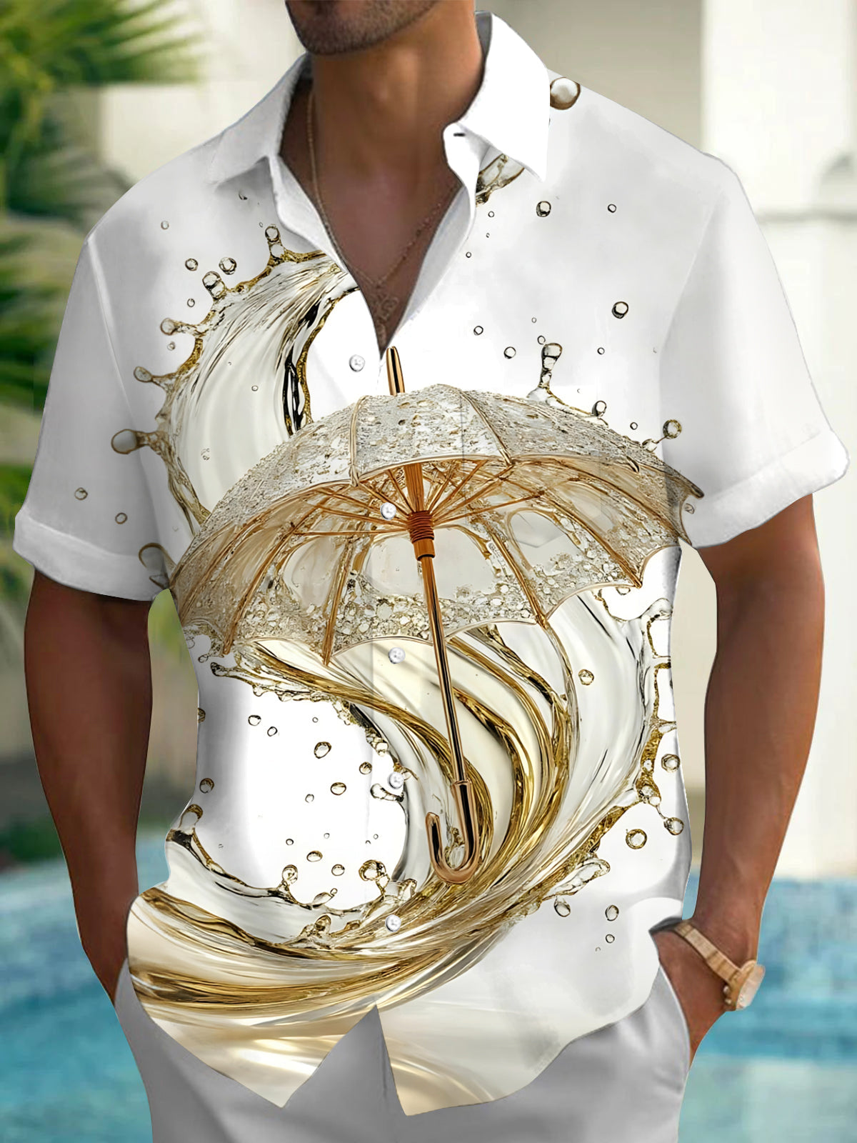 Oceanlyte Men's 3D Golden Umbrella Print Liquid Splash Print Short Sleeve Shirt with Chest Pocket