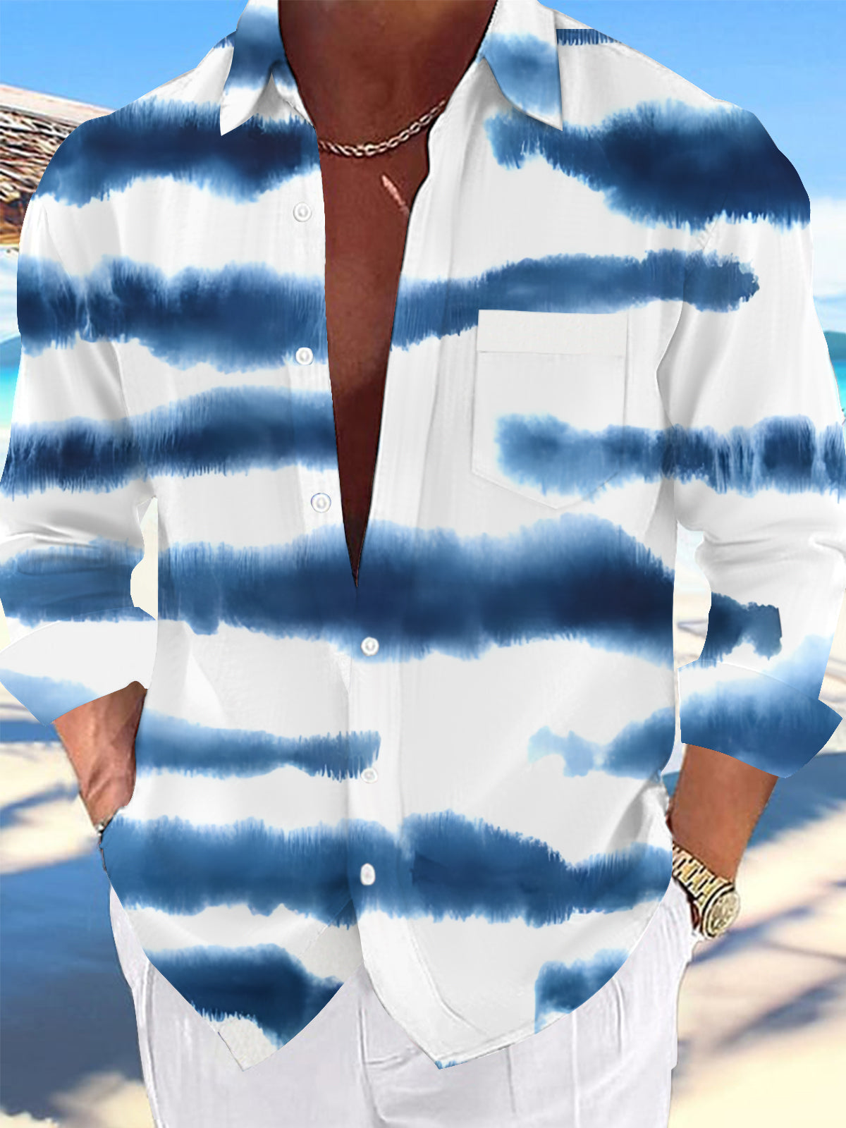 Oceanlyte Men's Blue And White Horizontal Stripes Print Long Sleeve Shirt with Chest Pocket