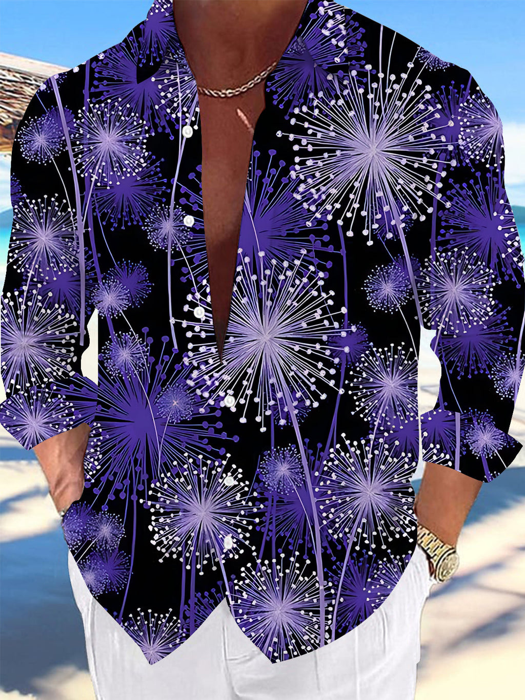Oceanlyte Men's Hawaiian Dandelion Floral Print Long Sleeve Shirt with Chest Pocket
