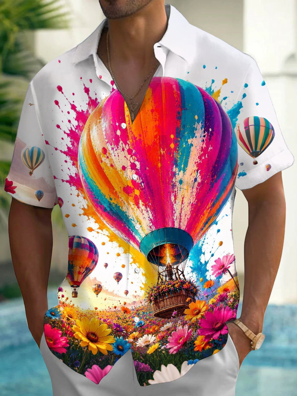 Oceanlyte Men's Hawaiian Colorful Hot Air Balloon Print Short Sleeve Shirt with Chest Pocket