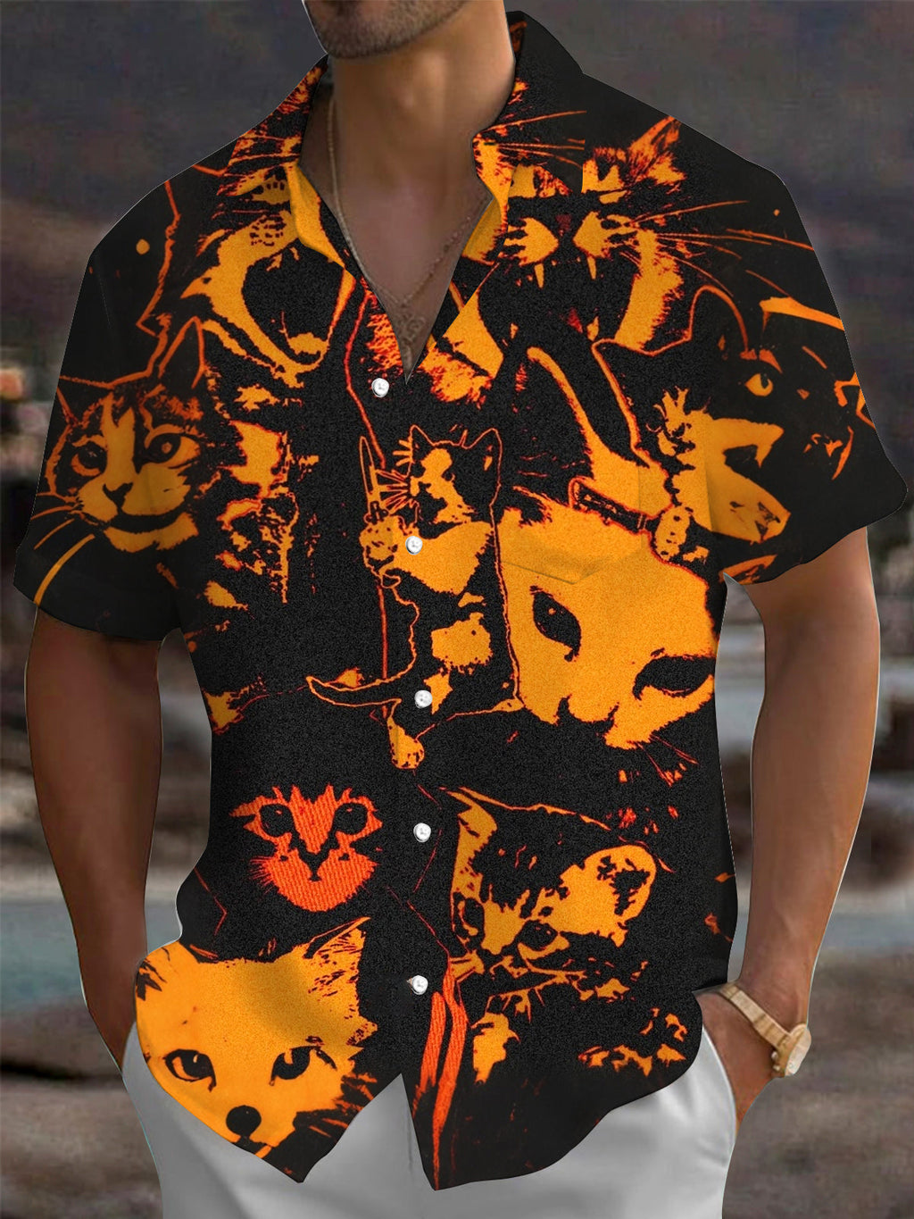 Oceanlyte Men's Hawaiian Cat Faces Print Short Sleeve Shirt with Chest Pocket