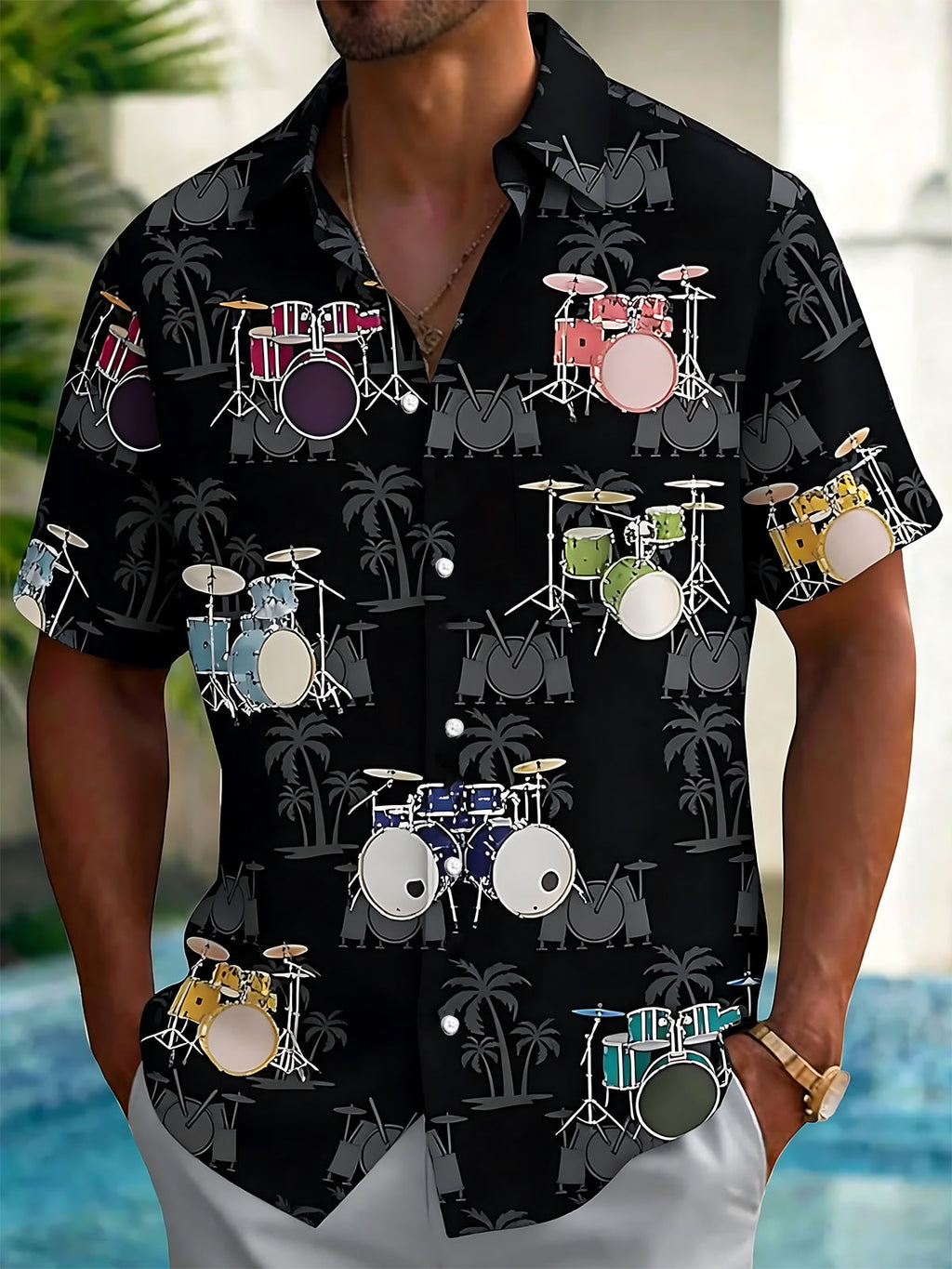 Oceanlyte Men's Hawaiian Drum Set Pattern Short Sleeve Shirt with Chest Pocket