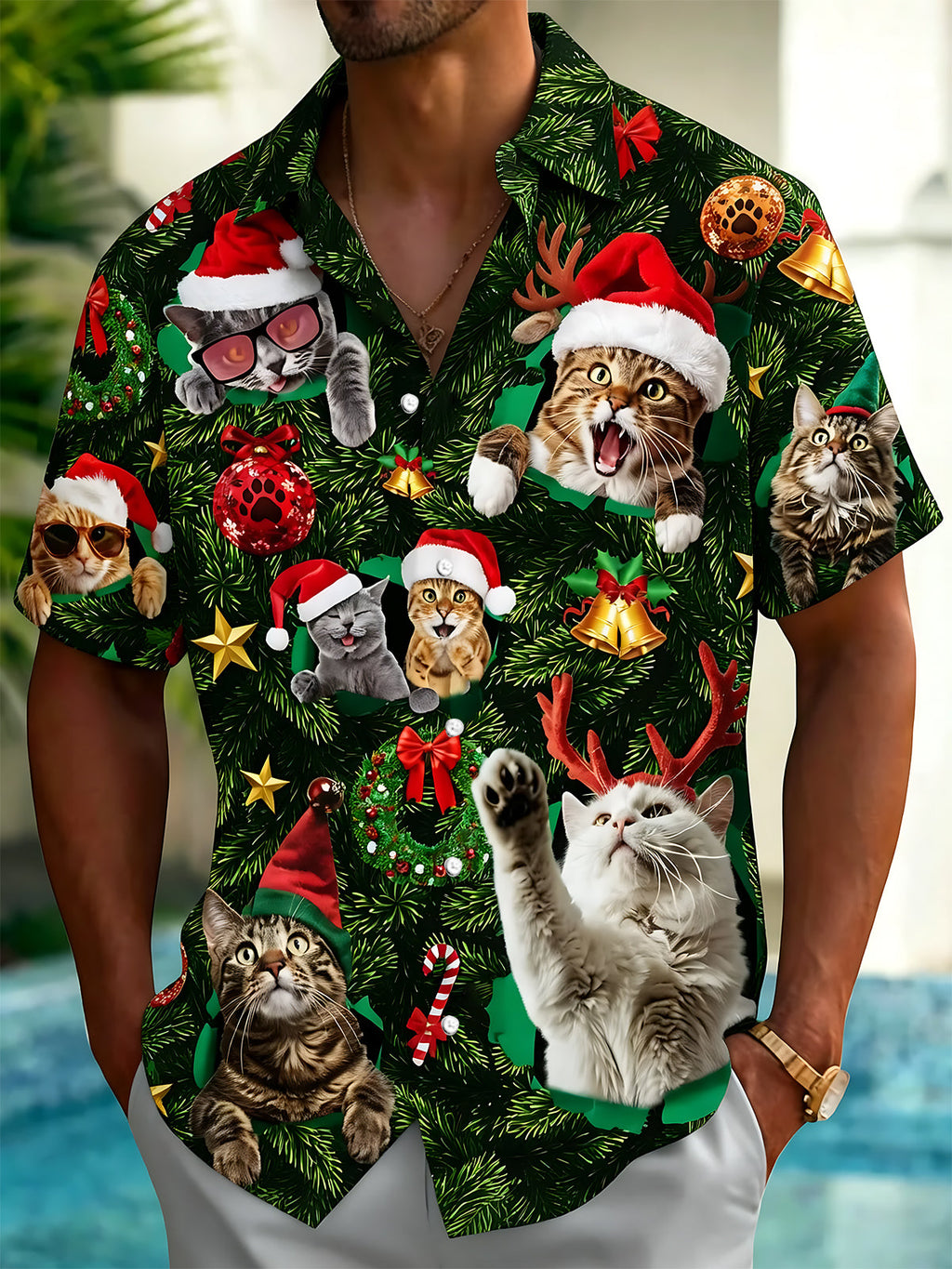 Oceanlyte Men's Hawaiian Christmas Cats Print Short Sleeve Shirt with Chest Pocket