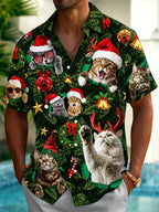 Oceanlyte Men's Hawaiian Christmas Cats Print Short Sleeve Shirt with Chest Pocket
