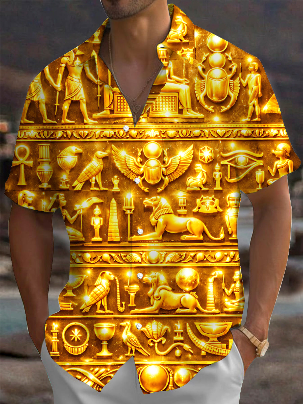 Oceanlyte Men's Printed Ancient Egyptian Hieroglyphs Print Short Sleeve Shirt with Chest Pocket