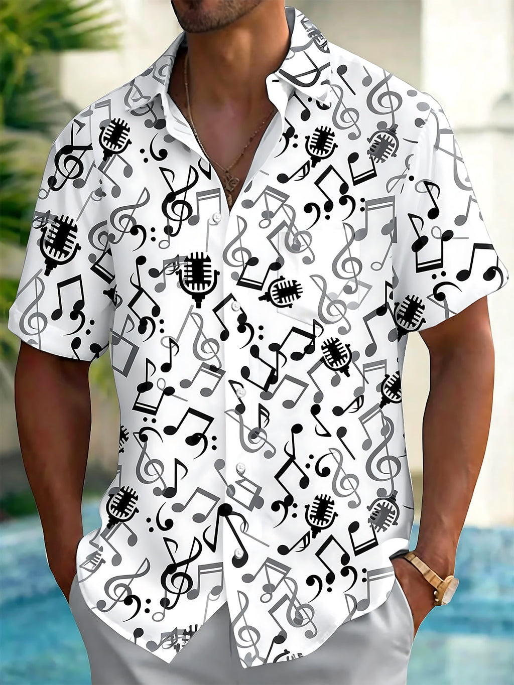 Oceanlyte Men's Graphic Musical Notes Print Short Sleeve Shirt with Chest Pocket