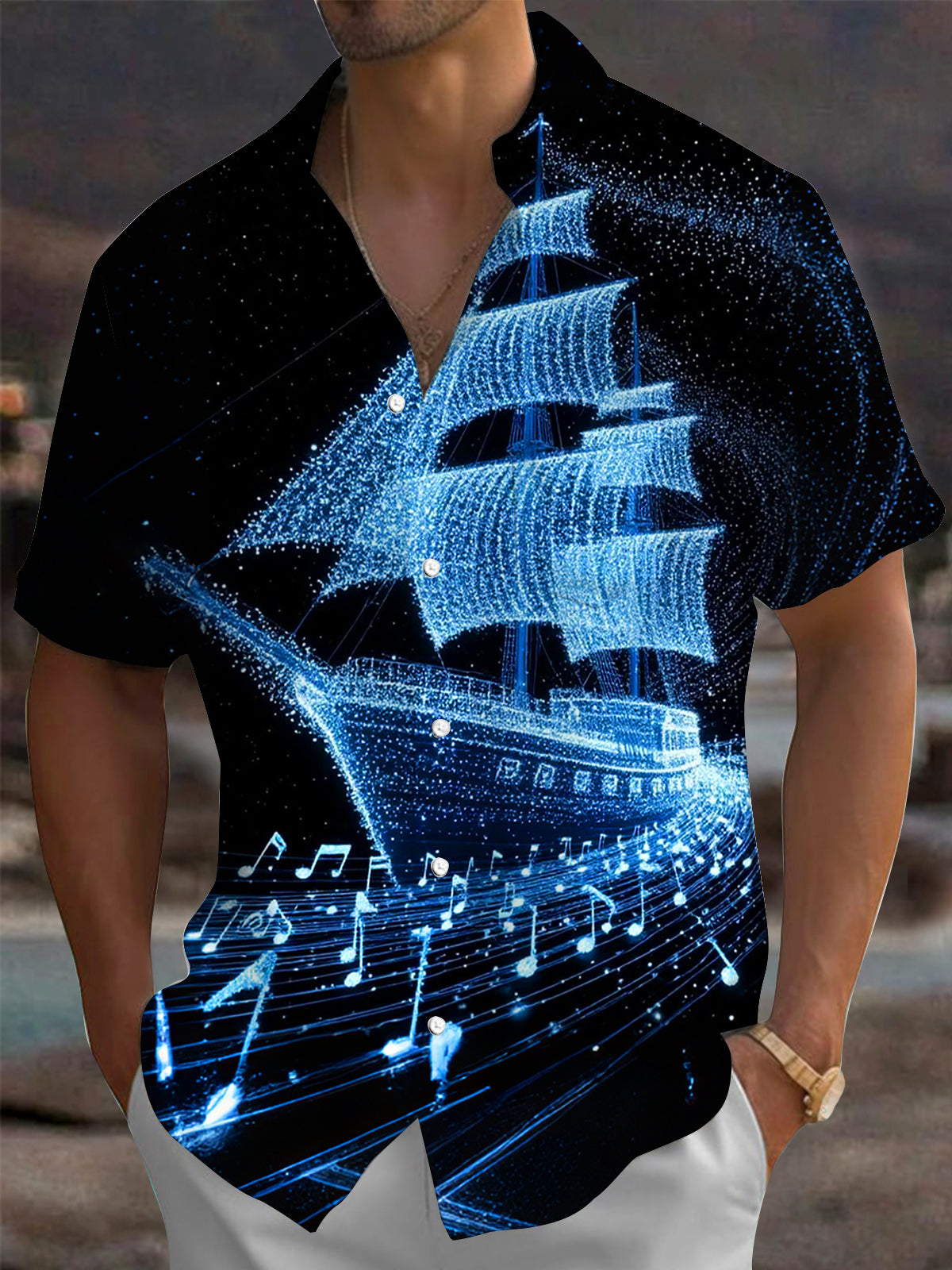 Oceanlyte Men's Graphic Sailing Ship Print Short Sleeve Shirt with Chest Pocket