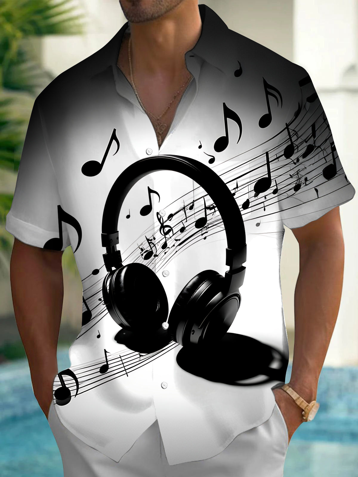 Oceanlyte Men's Printed Headphones Print Musical Notes Print Short Sleeve Shirt with Chest Pocket