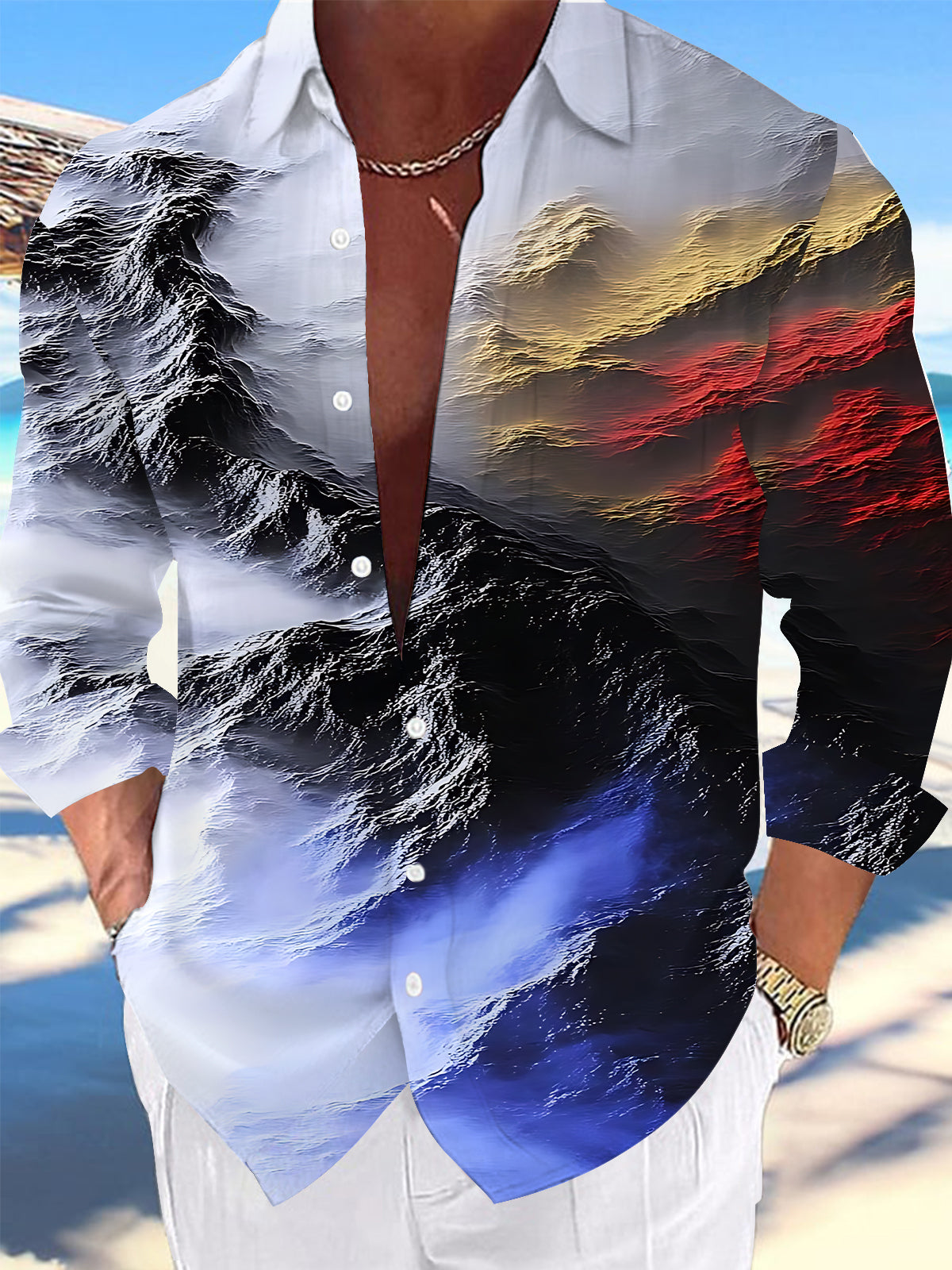 Oceanlyte Men's Printed Colorful Waves Fluid Art Print Long Sleeve Shirt with Chest Pocket