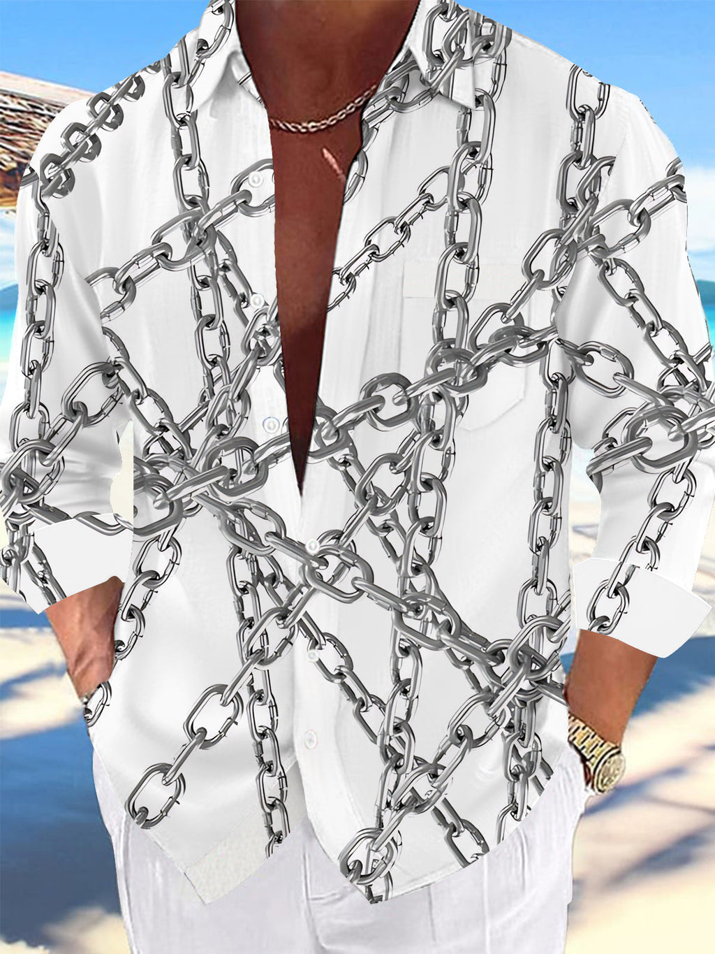 Oceanlyte Men's Printed Iron Chain Pattern Long Sleeve Shirt with Chest Pocket