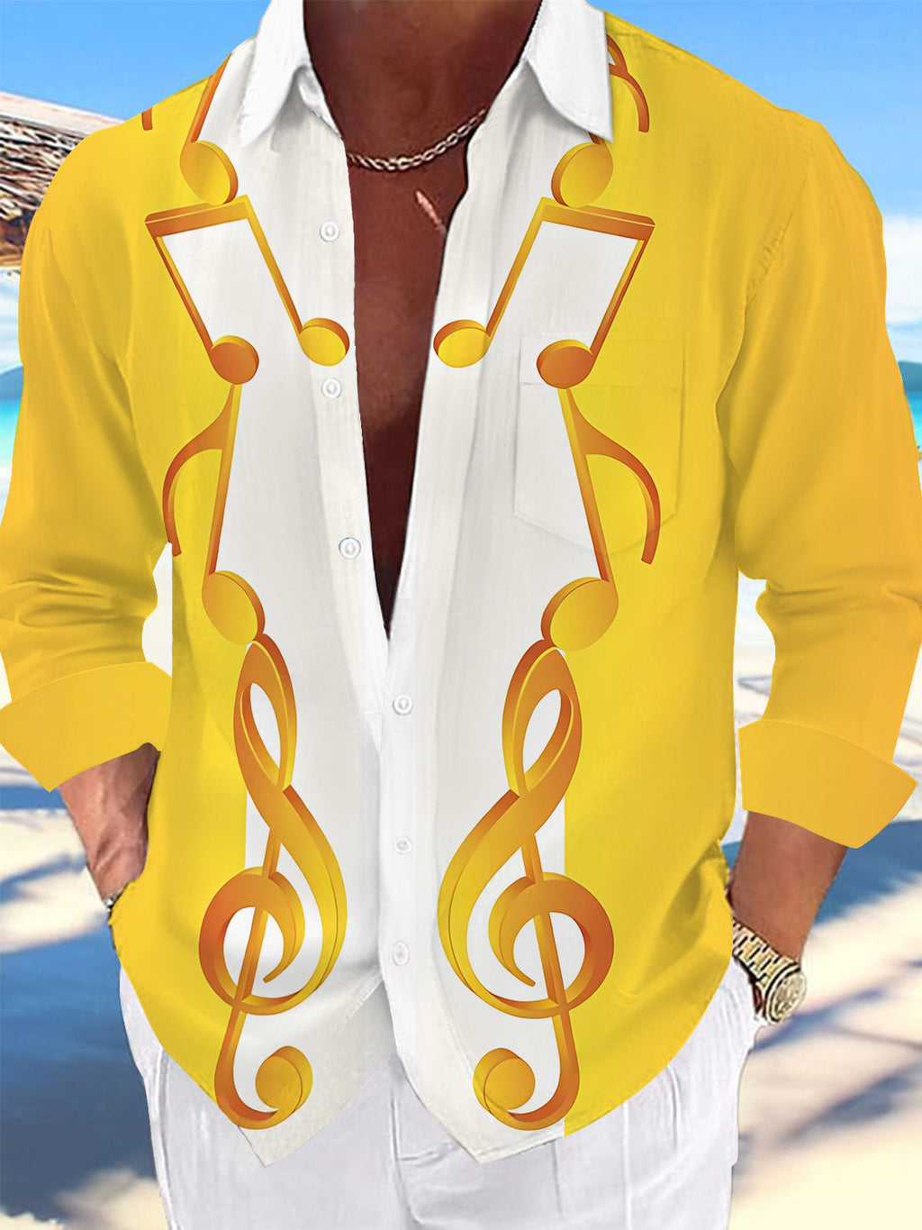 Oceanlyte Men's Graphic Musical Notes Print Treble Clef Print Long Sleeve Shirt with Chest Pocket