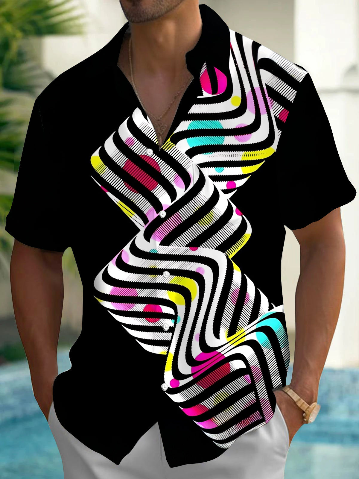 Oceanlyte Men's Printed Abstract Wavy Lines Print Short Sleeve Shirt with Chest Pocket
